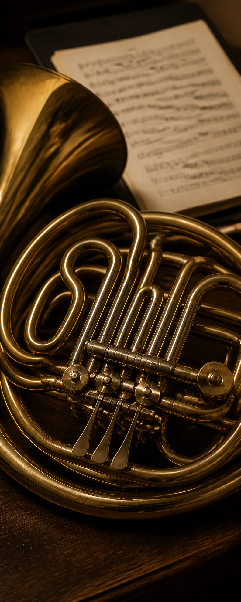 Close view of a French horn with sheet music