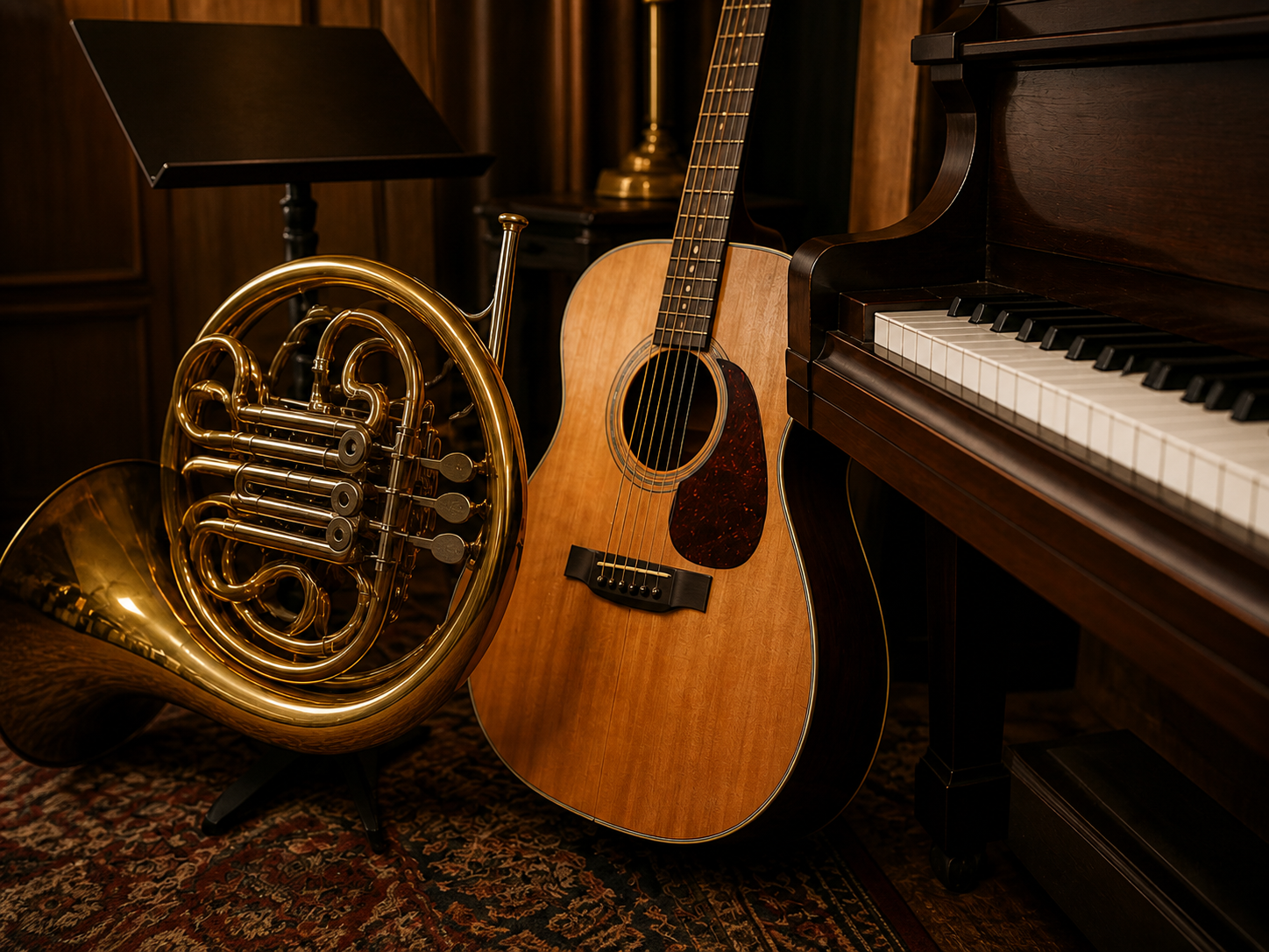 French horn, acoustic guitar, and upright piano in a warm teaching studio